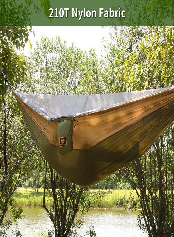 Qevooon Camping Hammock, Portable Hammocks with Mosquito Net,Lightweight Nylon Parachute Hammock with 10ft Tree Straps,Camping Gear Must Haves for Travel,Hiking,Backpacking,Beach,Patio-Green&Khaki - Image 4