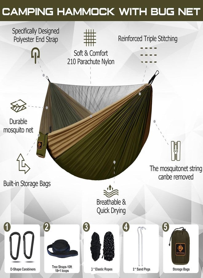 Qevooon Camping Hammock, Portable Hammocks with Mosquito Net,Lightweight Nylon Parachute Hammock with 10ft Tree Straps,Camping Gear Must Haves for Travel,Hiking,Backpacking,Beach,Patio-Green&Khaki - Image 2