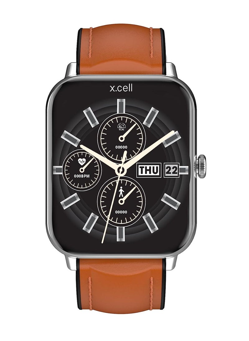 Xcell - Xcell G8 Talk Pro Smart watch, Heart Rate/Blood Pressure/Oxygen Level Monitoring, Receive & Make Calls,Water Resistance: IP67, 1 Week Battery Life, Compatibility: IOS/Android-Brown Leather - Image 1