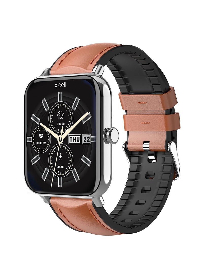 Xcell - Xcell G8 Talk Pro Smart watch, Heart Rate/Blood Pressure/Oxygen Level Monitoring, Receive & Make Calls,Water Resistance: IP67, 1 Week Battery Life, Compatibility: IOS/Android-Brown Leather - Image 1