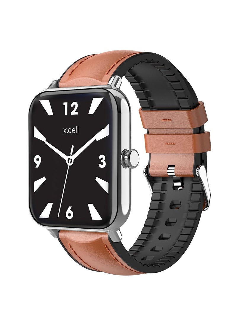 Xcell - Xcell G8 Talk Pro Smart watch, Heart Rate/Blood Pressure/Oxygen Level Monitoring, Receive & Make Calls,Water Resistance: IP67, 1 Week Battery Life, Compatibility: IOS/Android-Brown Leather - Image 1