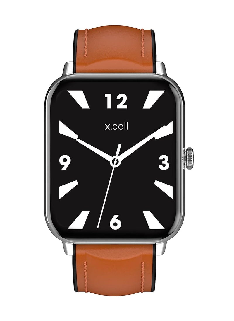 Xcell - Xcell G8 Talk Pro Smart watch, Heart Rate/Blood Pressure/Oxygen Level Monitoring, Receive & Make Calls,Water Resistance: IP67, 1 Week Battery Life, Compatibility: IOS/Android-Brown Leather - Image 1