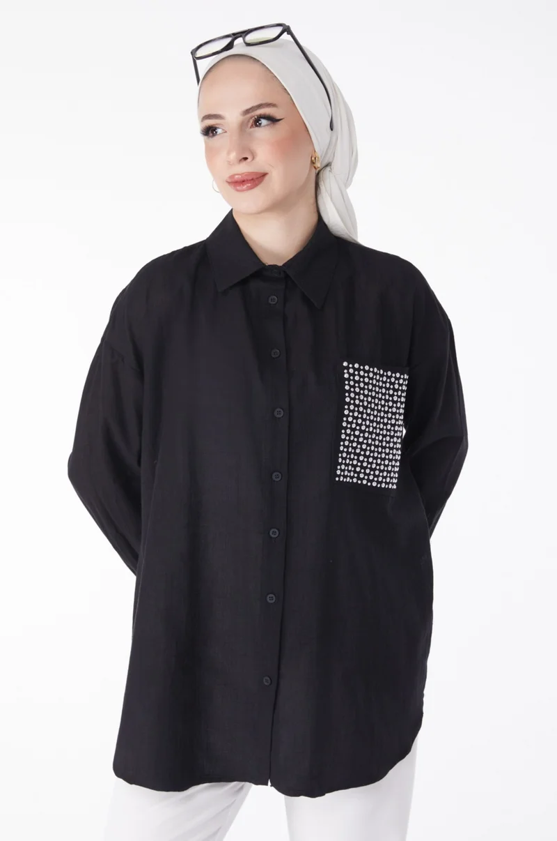 Tofisa Plain Shirt Collar Women's Black Pocket Stone Detailed Tunic - 13168
