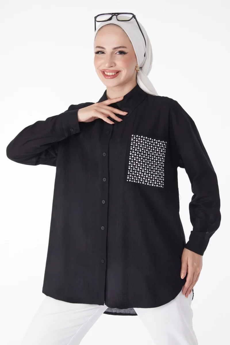 Tofisa Plain Shirt Collar Women's Black Pocket Stone Detailed Tunic - 13168