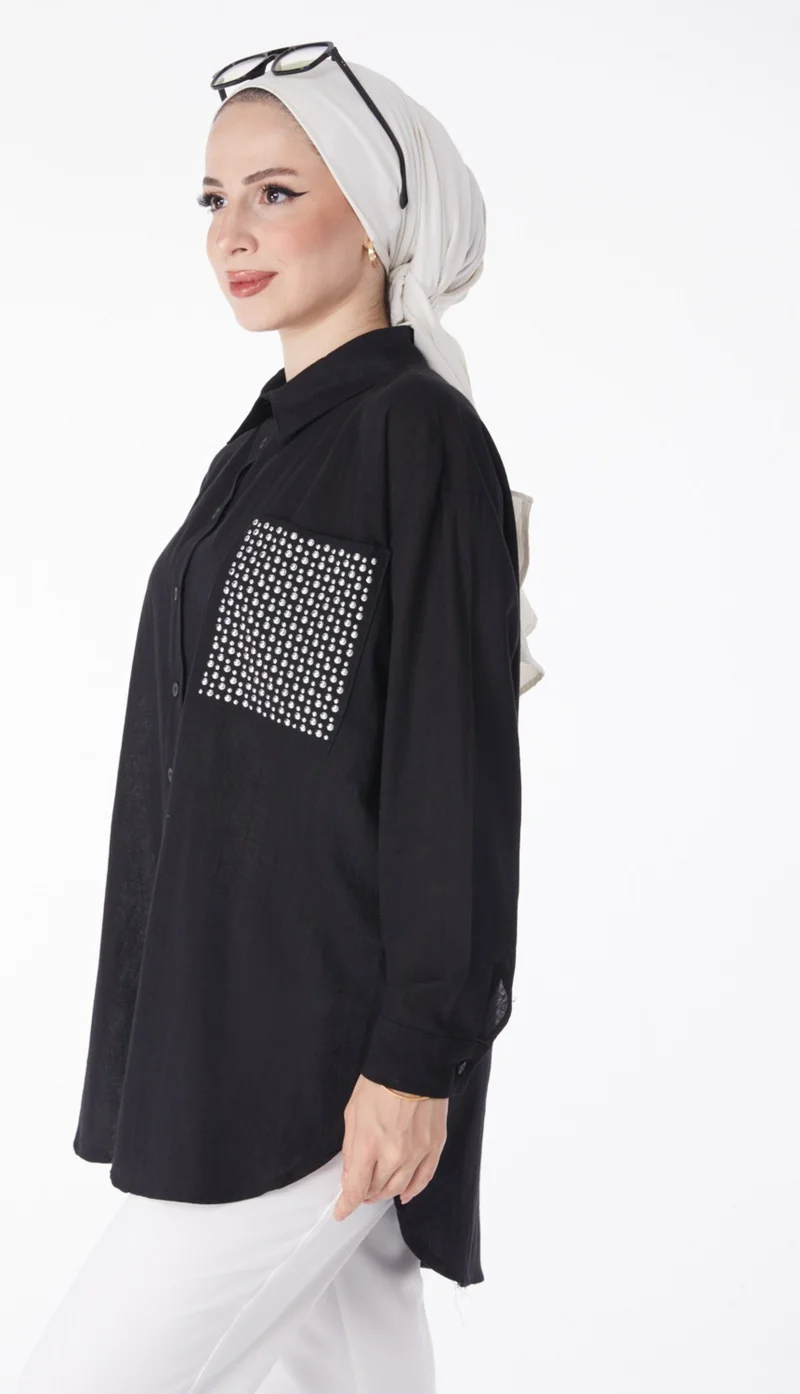 Tofisa Plain Shirt Collar Women's Black Pocket Stone Detailed Tunic - 13168