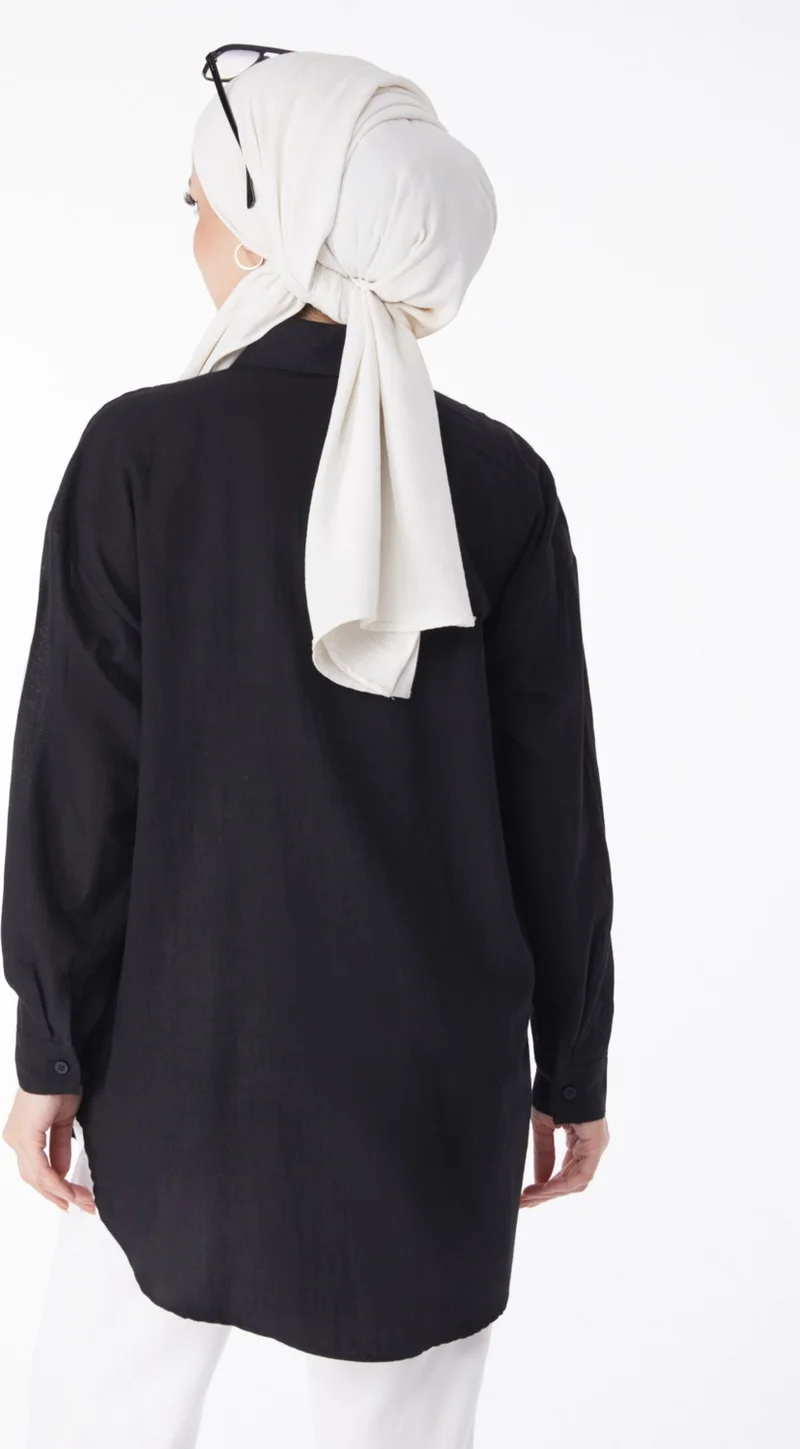 Tofisa Plain Shirt Collar Women's Black Pocket Stone Detailed Tunic - 13168