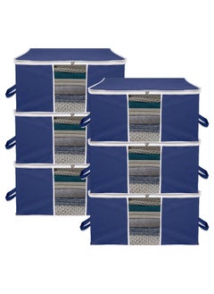 Kuber Industries Kuber Industries Underbed Storage Bag | Clothes Storage Organizer | Blanket Cover with Clear Window | Zipper Closure & Handle Cloth Organizer | Plain White Border | Large | Pack of 6 | Navy Blue  - Image 1