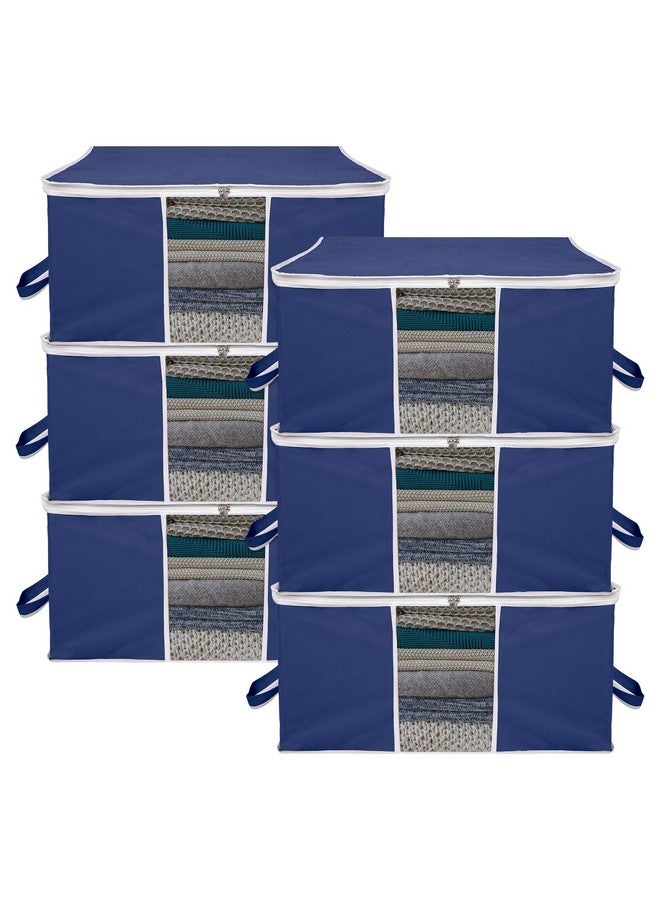 Kuber Industries Underbed Storage Bag | Clothes Storage Organizer | Blanket Cover with Clear Window | Zipper Closure & Handle Cloth Organizer | Plain White Border | Large | Pack of 6 | Navy Blue - Image 1