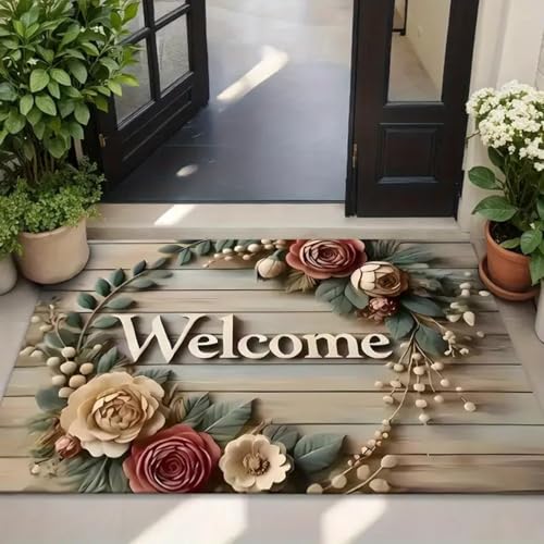 Royser Floral Welcome Doormat for Home Entrance – Non-Slip, Waterproof, and Easy-Clean Floor Mat – Indoor Outdoor Decorative Rug for Front Door, Porch, Patio, Kitchen & Living Room - Image 1
