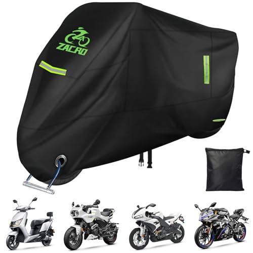 Zacro 420D Motorcycle Cover - Waterproof Outdoor Protection for All Seasons, Tear Proof with Reflective Strips & Lock Hole | Fits Moped Cover and Motorcycles Up to 96"" - Image 1