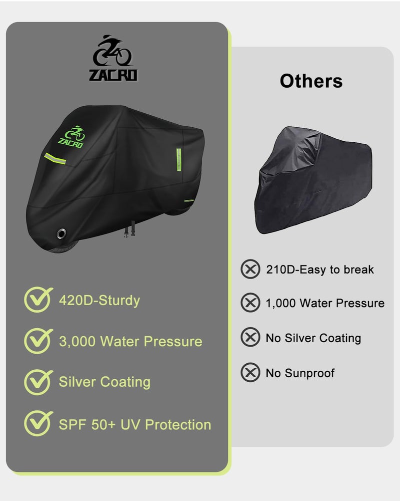 Zacro 420D Motorcycle Cover - Waterproof Outdoor Protection for All Seasons, Tear Proof with Reflective Strips & Lock Hole | Fits Moped Cover and Motorcycles Up to 96"" - Image 2