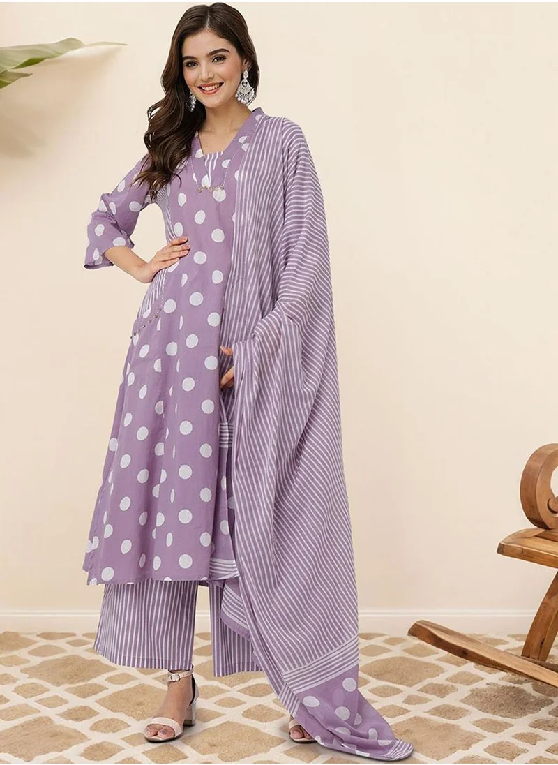 آي شين Women's Lavender 100% Cotton Embellished Tunic Full Length Palazzo Straight Fit Kurta Set