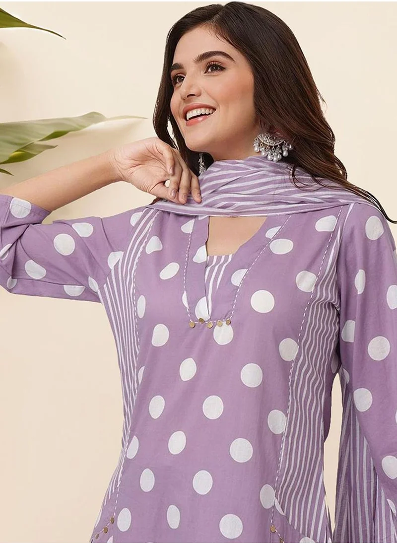آي شين Women's Lavender 100% Cotton Embellished Tunic Full Length Palazzo Straight Fit Kurta Set
