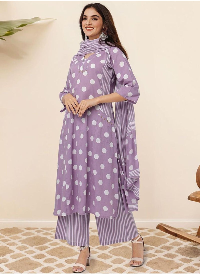 ISHIN Women's Lavender 100% Cotton Embellished Tunic Full Length Palazzo Straight Fit Kurta Set  - Image 3