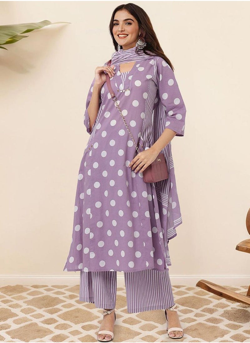 ISHIN Women's Lavender 100% Cotton Embellished Tunic Full Length Palazzo Straight Fit Kurta Set  - Image 5