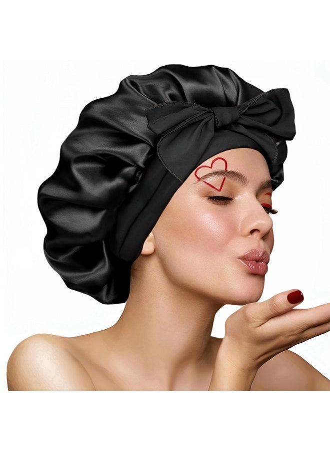 Silk Bonnet For Sleeping Women Double Layer Satin Bonnet Hair Bonnet With Elastic Tie Band Adjustable Bonnet（Black） - Image 1