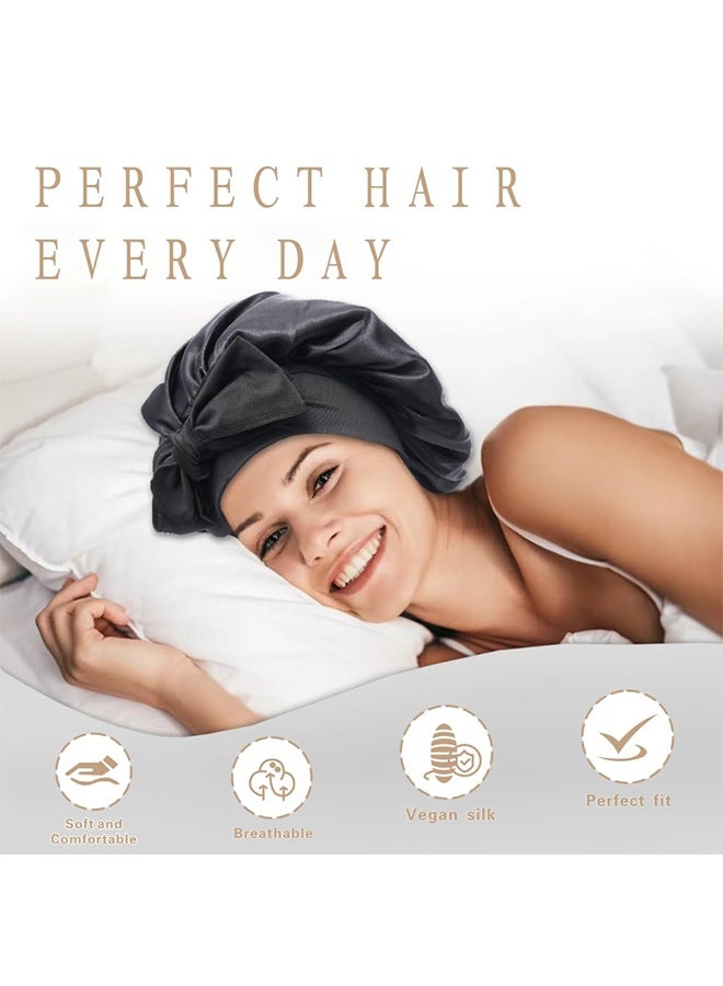 Silk Bonnet For Sleeping Women Double Layer Satin Bonnet Hair Bonnet With Elastic Tie Band Adjustable Bonnet（Black） - Image 2