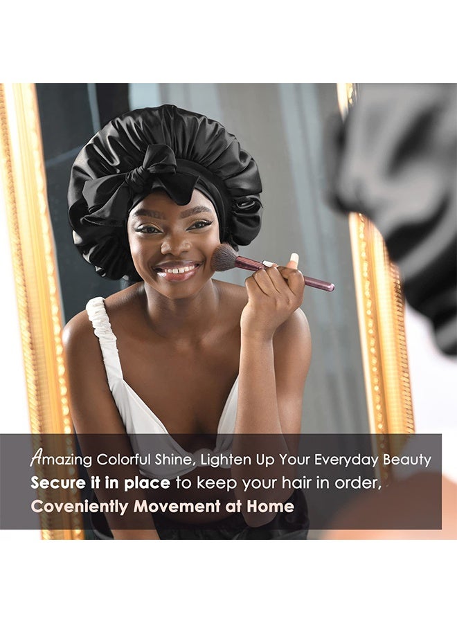 Silk Bonnet For Sleeping Women Double Layer Satin Bonnet Hair Bonnet With Elastic Tie Band Adjustable Bonnet（Black） - Image 3