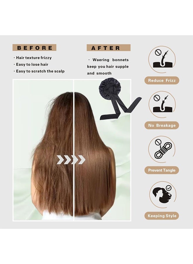 Silk Bonnet For Sleeping Women Double Layer Satin Bonnet Hair Bonnet With Elastic Tie Band Adjustable Bonnet（Black） - Image 4