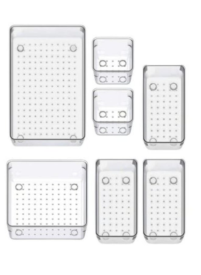 مجموعة منظم للأدراج الاكليريك الشفافة من ٧ قطع متعدده الاستخدام، سبعة أحجام متعددة من أدراج الحمام وطاولة التزيين، صناديق تخزين للمكياج، والمجوهرات، وأواني المطبخ والمكاتب - Image 1