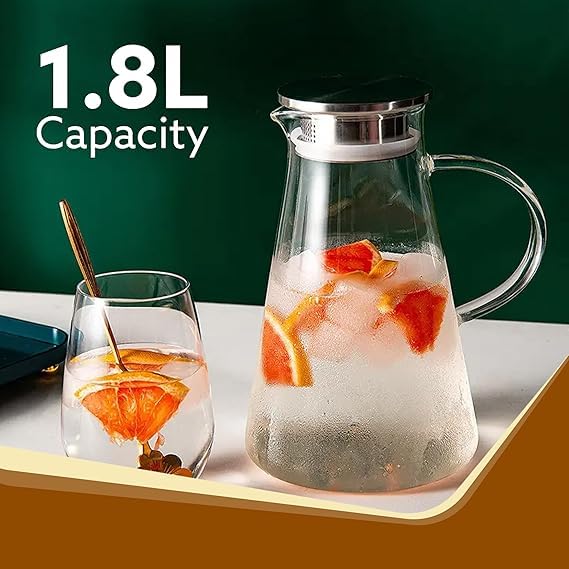 VIHANCO Borosilicate Water Jug 1.8 Litre, Stainless Steel Air Tight Lid,Iced Tea Pitcher, Water Jug, Hot Cold Water, Milk and Juice Beverage Carafes - Image 2