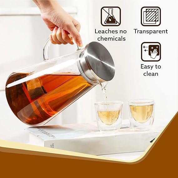 VIHANCO Borosilicate Water Jug 1.8 Litre, Stainless Steel Air Tight Lid,Iced Tea Pitcher, Water Jug, Hot Cold Water, Milk and Juice Beverage Carafes - Image 5