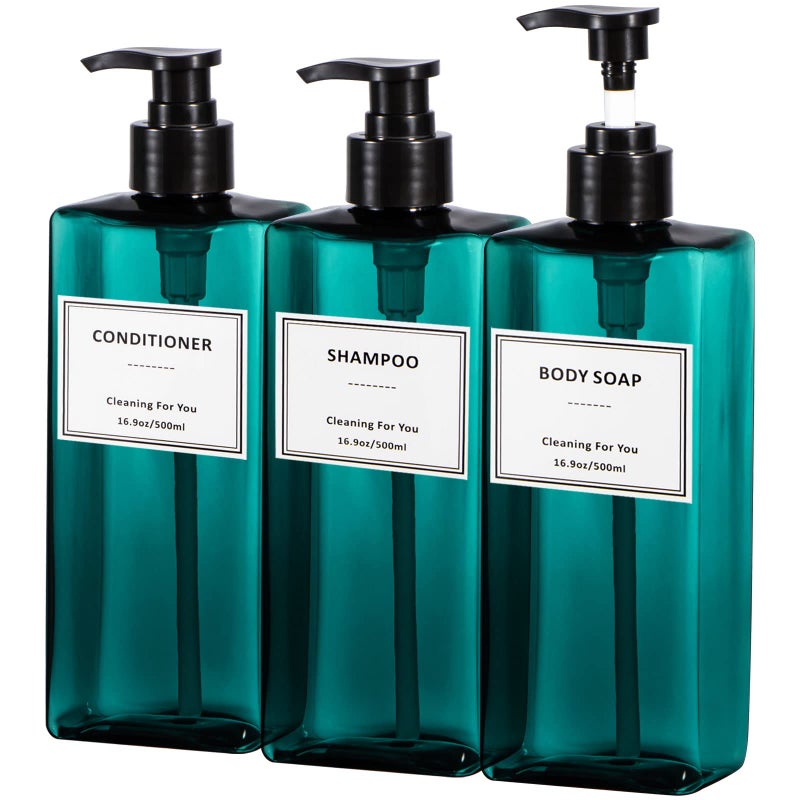 Yeeco Plastic Shampoo and Conditioner Dispenser Yeeco Refillable Pump Bottles Blue Shampoo Dispenser 169oz500ml Shampoo Bottles with Pump 3 Packs for Bathroom Kitchen Hotel  Lake Blue