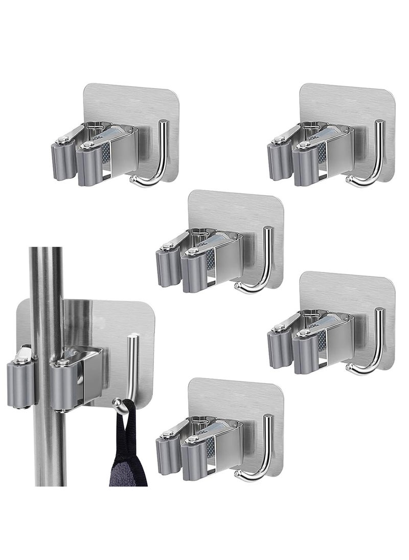 Generic 5 Pack Mop Holder Wall Mount Stainless Steel Broom Storage Hanger Adhesive Anti-Slip Tool Organizer Heavy Duty Mop Gripper Rack with Hook  - Image 1