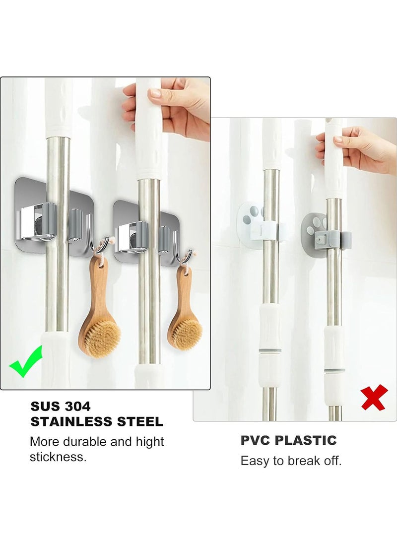 Generic 5 Pack Mop Holder Wall Mount Stainless Steel Broom Storage Hanger Adhesive Anti-Slip Tool Organizer Heavy Duty Mop Gripper Rack with Hook  - Image 5