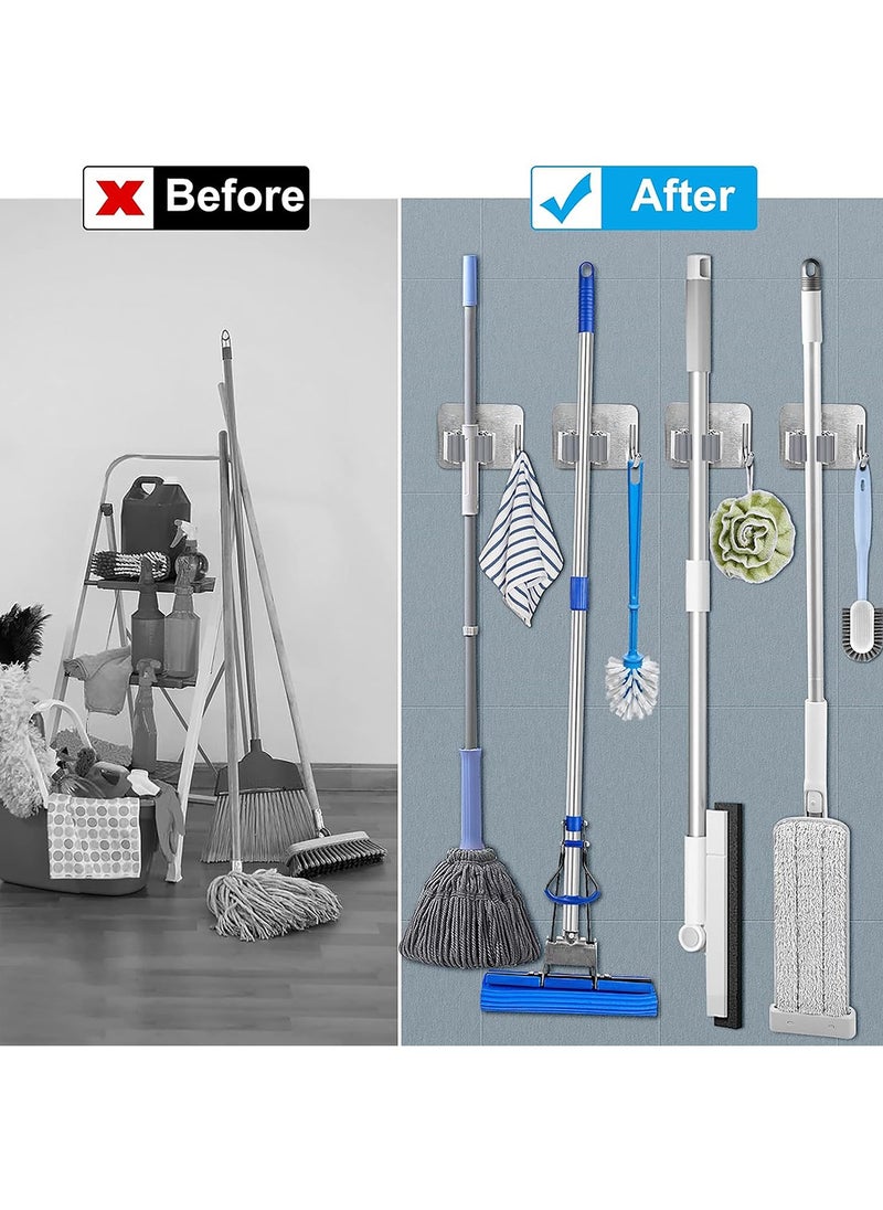 Generic 5 Pack Mop Holder Wall Mount Stainless Steel Broom Storage Hanger Adhesive Anti-Slip Tool Organizer Heavy Duty Mop Gripper Rack with Hook  - Image 4