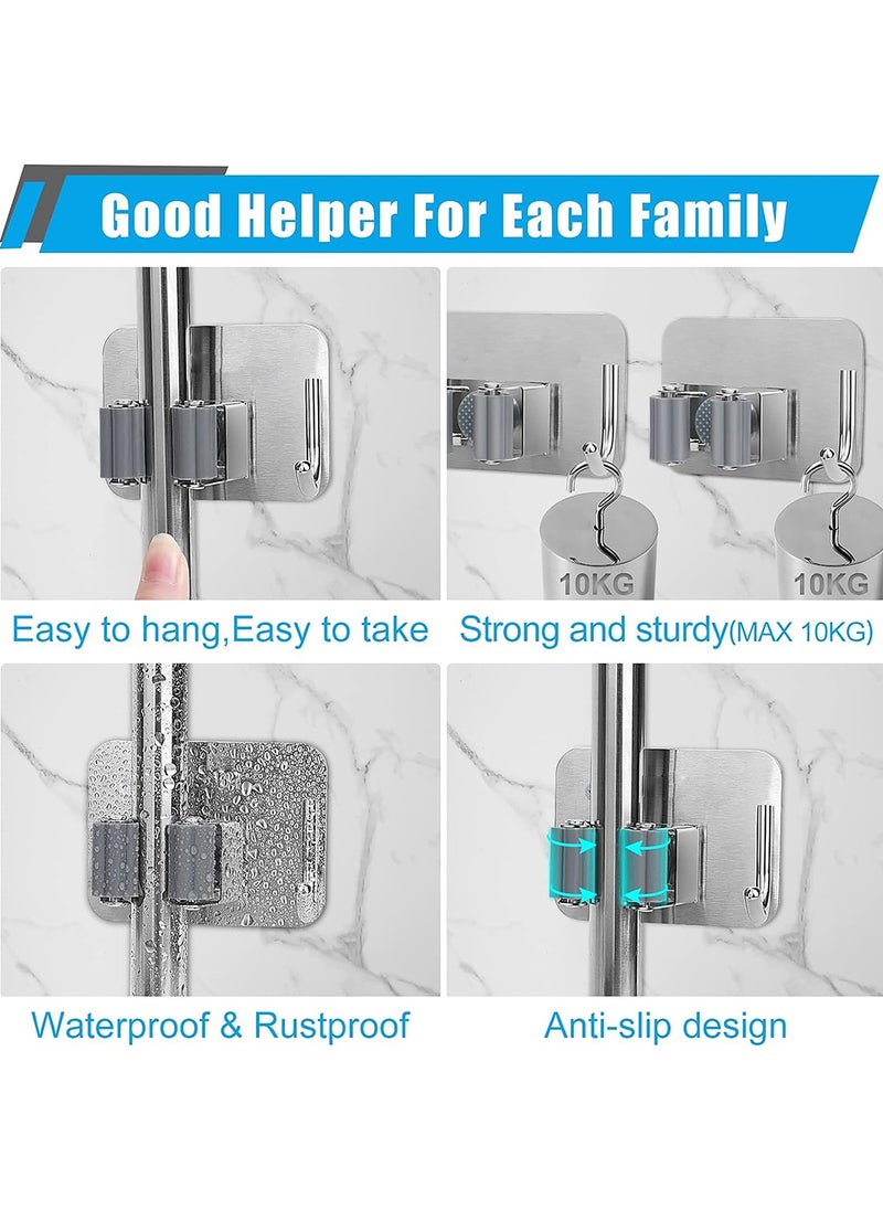 Generic 5 Pack Mop Holder Wall Mount Stainless Steel Broom Storage Hanger Adhesive Anti-Slip Tool Organizer Heavy Duty Mop Gripper Rack with Hook  - Image 3
