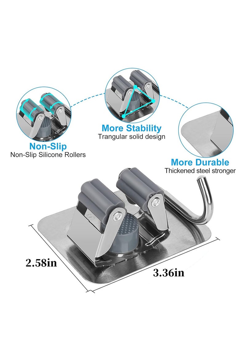 Generic 5 Pack Mop Holder Wall Mount Stainless Steel Broom Storage Hanger Adhesive Anti-Slip Tool Organizer Heavy Duty Mop Gripper Rack with Hook  - Image 2