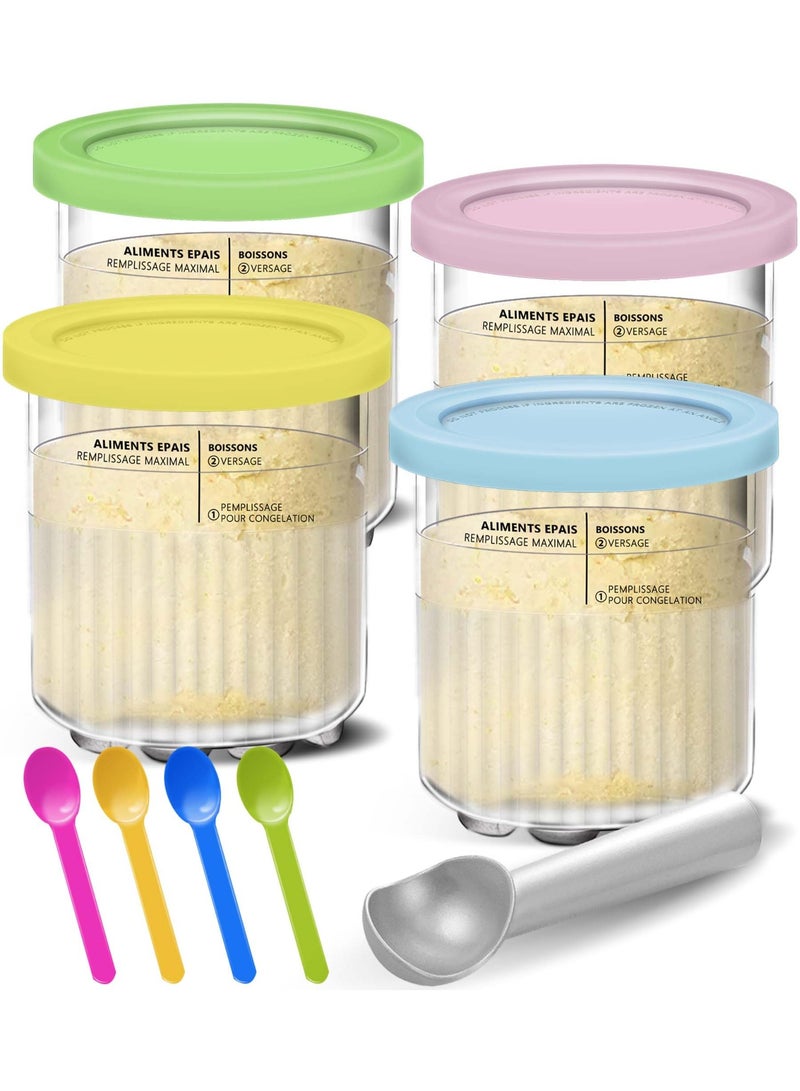 هومستر 4PCS كؤوس وأكمام كريم، مع الملاعق والمغرفة الكبيرة، حاويات آيس كريم بلاستيكية فاخرة جرار، متوافقة مع نينجا NC500 NC501 صانع آيس كريم لأواني سموثي، أصفر/أزرق/وردي/أخضر، 12*13.5 سم - Image 1