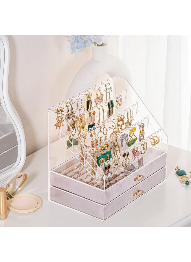 Lolalet - Lolalet Earring Organizer with Drawers, Clear Acrylic Earring Holder Organizer Earring Storage Rack Jewelry Organizer Stand Display for Stud Earring Ring -5 Tiers + 2 Drawers, Clear - Image 1
