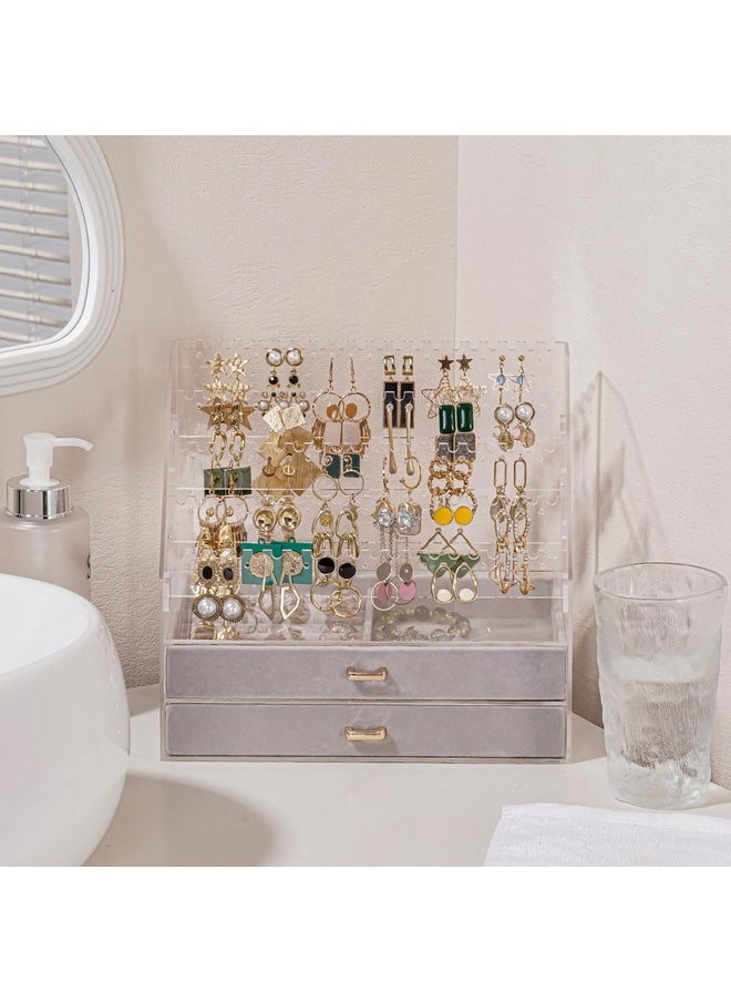 Lolalet - Lolalet Earring Organizer with Drawers, Clear Acrylic Earring Holder Organizer Earring Storage Rack Jewelry Organizer Stand Display for Stud Earring Ring -5 Tiers + 2 Drawers, Clear - Image 1