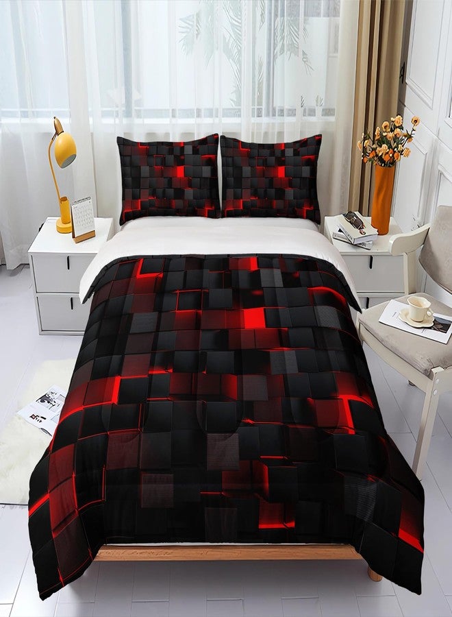 Nttopship Geometric Red Black Comforter Set,Light Honeycomb 3 Piece Bedding Set Twin for Teen Boys,Modern Bedding Quilt Set Geometry Decor,Microfiber Lightweight 1 Comforter 2 Pillowcases All Season - Image 4