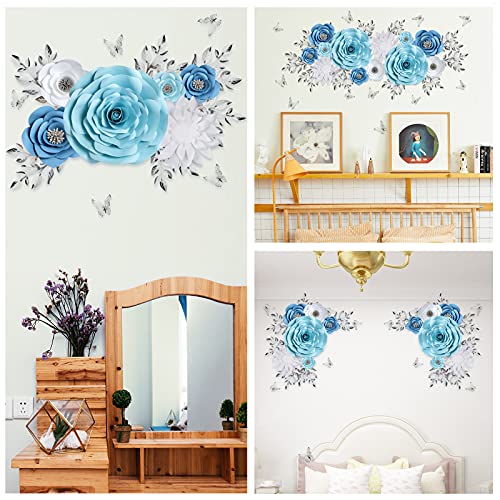 Pardecor 3D Blue Roses Artificial Flowers, Large Paper Flowers Decorations for Wall with Butterfly Stickers, Fake Flower Wall Decor for Baby Boy Nursery Room, Wedding Centerpiece, Party Backdrop - Image 4