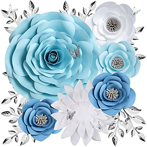 Pardecor 3D Blue Roses Artificial Flowers, Large Paper Flowers Decorations for Wall with Butterfly Stickers, Fake Flower Wall Decor for Baby Boy Nursery Room, Wedding Centerpiece, Party Backdrop - Image 1
