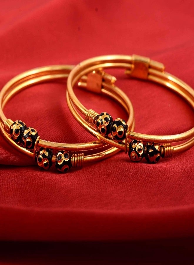 DULCI Gold Plated Double Brass Tube Plain And Black Ball Beads Baby Boy Baby Girl Bracelet Bangles Nazariya-Set Of 2 (0-2yrs) - Image 4
