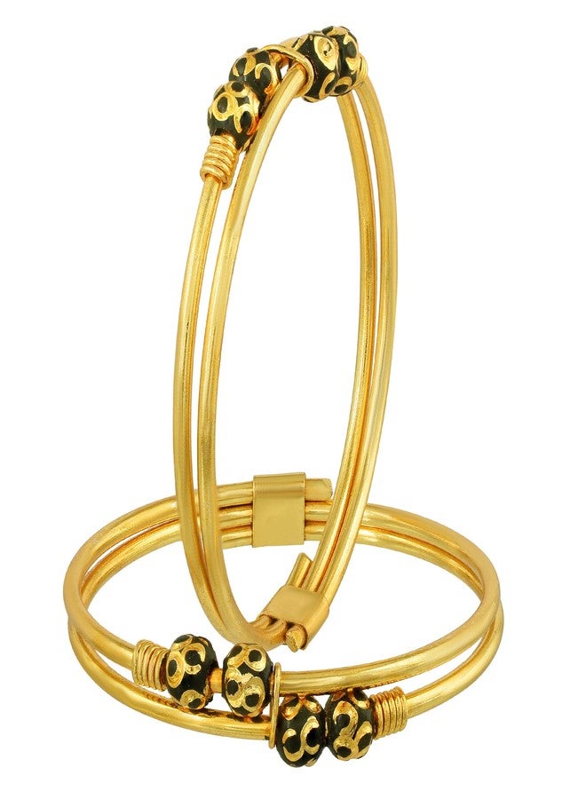 DULCI Gold Plated Double Brass Tube Plain And Black Ball Beads Baby Boy Baby Girl Bracelet Bangles Nazariya-Set Of 2 (0-2yrs) - Image 2