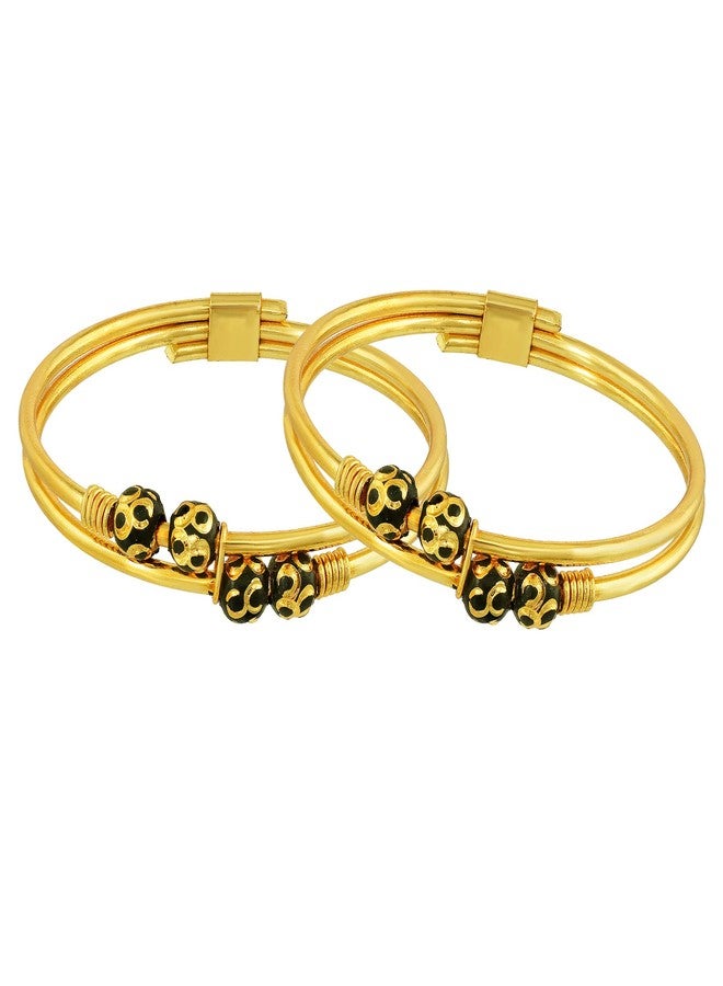 DULCI Gold Plated Double Brass Tube Plain And Black Ball Beads Baby Boy Baby Girl Bracelet Bangles Nazariya-Set Of 2 (0-2yrs) - Image 1