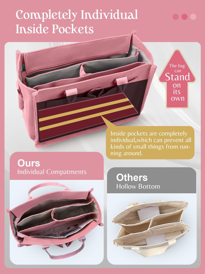 FIORETTO Canvas Tote Bag for Women with Zipper Closure & Individual Compartments for Work College, Crossbody Laptop Tote Purse Handbag with Detachable Strap & Bottom Support for Teacher & Nurse Pink - Image 5