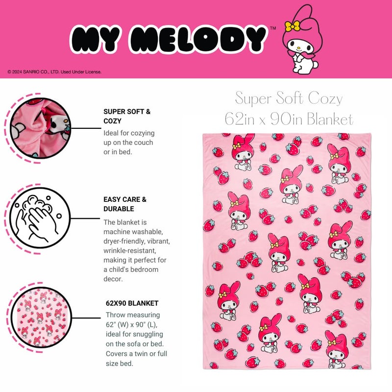 Franco Collectibles My Melody Strawberry Bedding Super Soft Cozy Blanket  62 in x 90 in  (Officially Licensed Product) - Image 2
