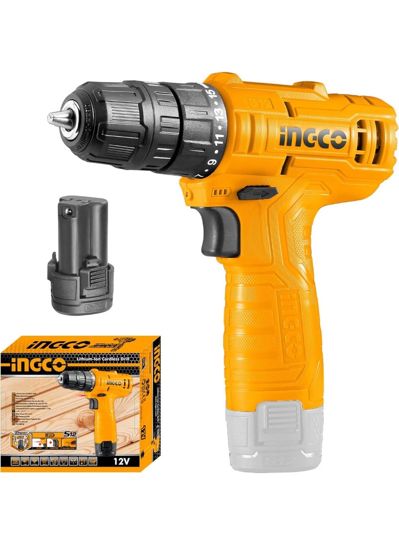 INGCO Cordless Drill, Electric Power Drill 12V Lithium-ion | 20NM | 0-750rpm | 0-3/8'' Chuck Capacity 15+1 Torque Setting LED Power Tool Kit With 1pcs 1.5Ah Battery for Home (1 Set) - Image 1
