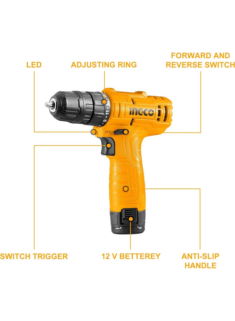 INGCO Cordless Drill, Electric Power Drill 12V Lithium-ion | 20NM | 0-750rpm | 0-3/8'' Chuck Capacity 15+1 Torque Setting LED Power Tool Kit With 1pcs 1.5Ah Battery for Home (1 Set) - Image 2