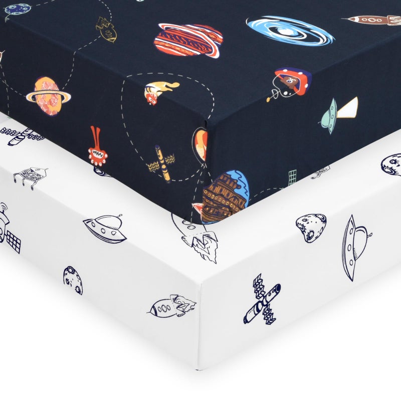 PHF Soft Space Crib Sheet Fitted 2 Pack Silky Comfy Breathable Polyester Baby Sheets for Boys Girls28x52x9in Fits Standard Crib and Toddler Mattresses Space