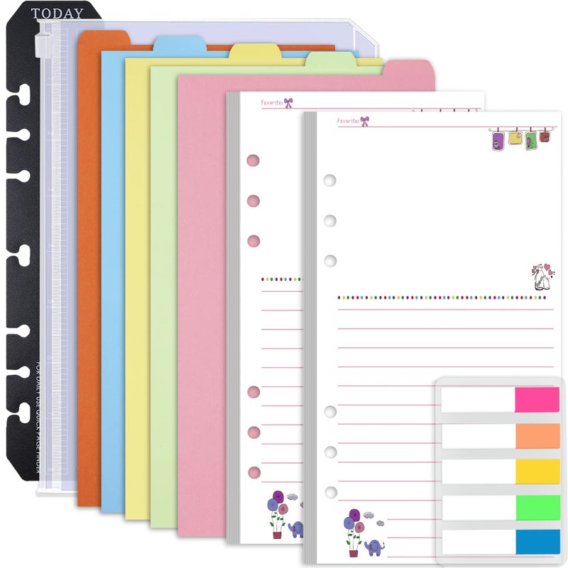 Rancco A6 Planner Inserts Lined Paper, Colorful 90 Page 6-Ring Memo Refills Loose-leaf Refill Paper w/Zipper Pouch, Binder Dividers, Ruler, Index Tab for Planner Journal Dairy, Double-sided, 6.9x3.7"