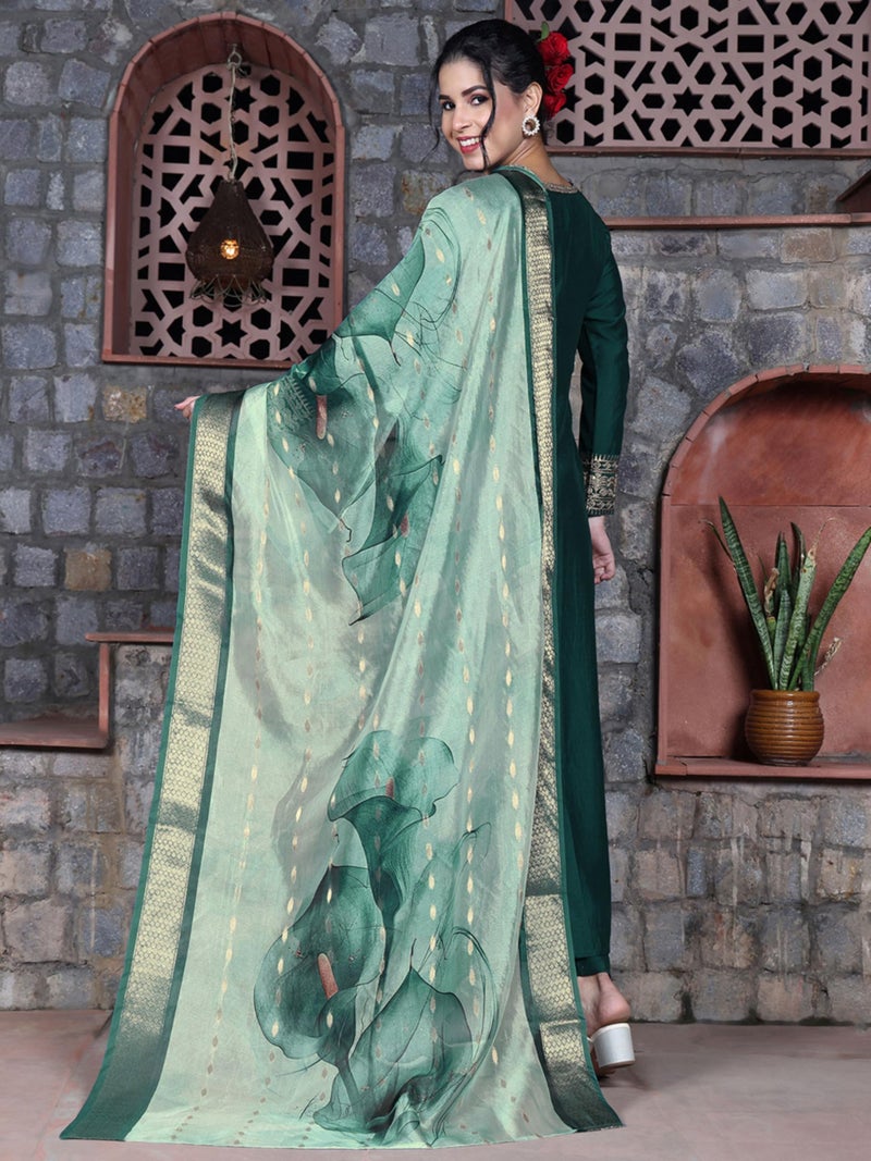 EthnicJunction Women's Cotton Silk Embroidered Anarkali Kurta Palazzo With Digital Print Dupatta Set - Image 5