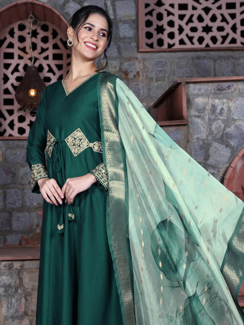 EthnicJunction Women's Cotton Silk Embroidered Anarkali Kurta Palazzo With Digital Print Dupatta Set - Image 2