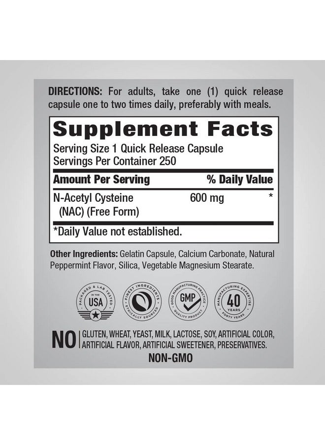Piping Rock Nac Supplement Nacetyl Cysteine  600Mg  250 Capsules  Free Form  Nongmo Gluten Free Supplement  - Image 2